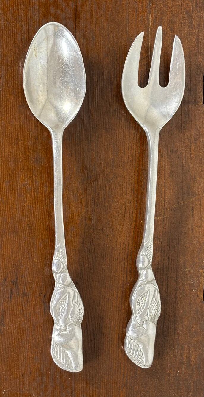 Vintage Ornate Aluminum Salad Servers Spoon & Fork Set 11.5"